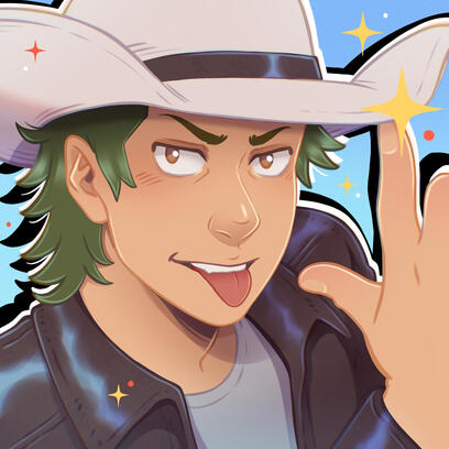 Art by _staypee on Twitter (X) of Kuramochi doing a finger gun. He is wearing a white cowboy hate, a leather jacket, and grey shirt. He has his tongue out and a mischievous expression.